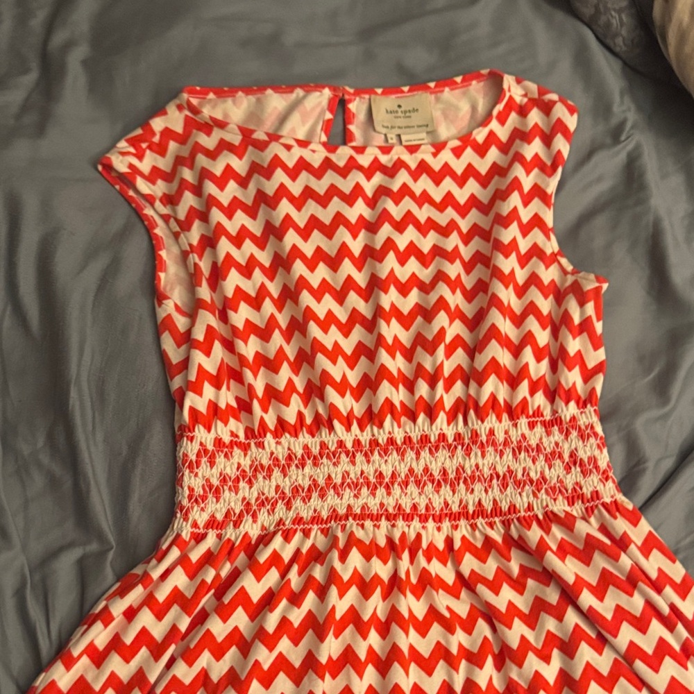 kate spade Red and White Chevron Smocked Waist Sleeveless Dress